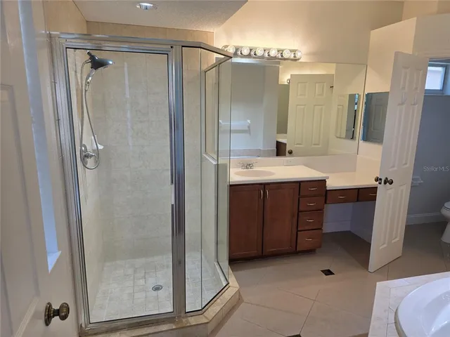 a bathroom with a shower sink and mirror