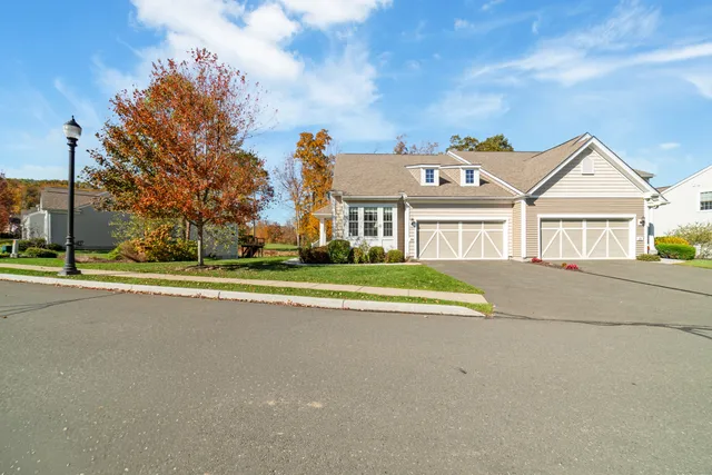 a view of big house with a big yard and large trees