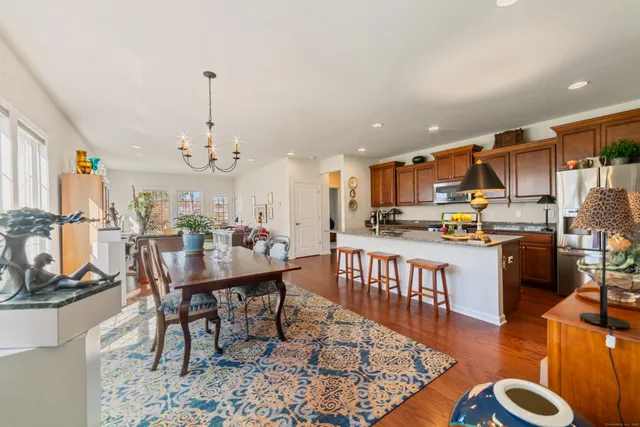 a view of a dining room with furniture