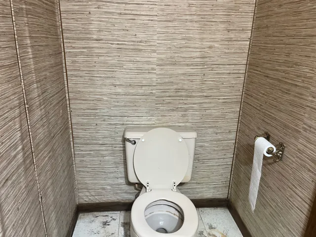 a bathroom with a toilet and a shower