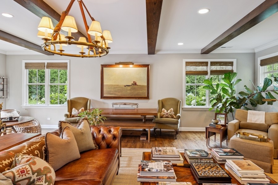 422 Sunset Ridge Road Northfield, IL 60093 - Photo 15 of 52 a living room with furniture a chandelier and a large window