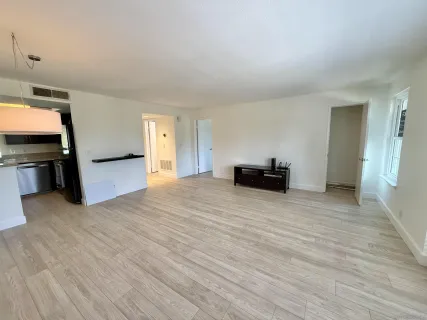 a view of empty room with wooden floor