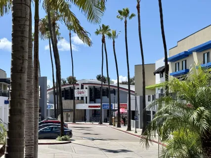 a view of a building with a street