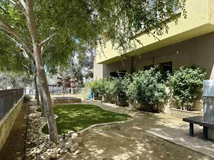an outdoor space with seating