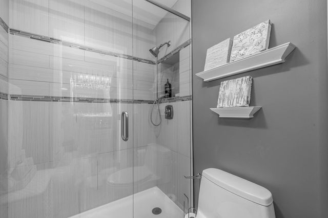 a bathroom with a shower and toilet