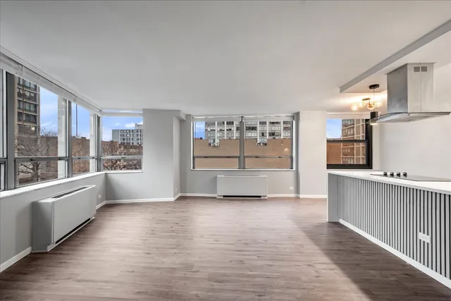 a view of a kitchen with furniture and wooden floor