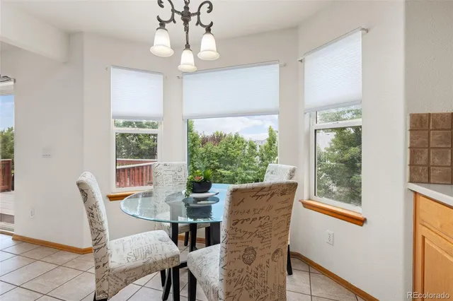 a view of a dining room with furniture window and outside view
