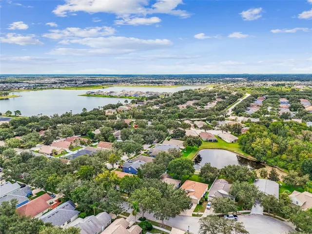 a aerial view of a house with a yard and plants
