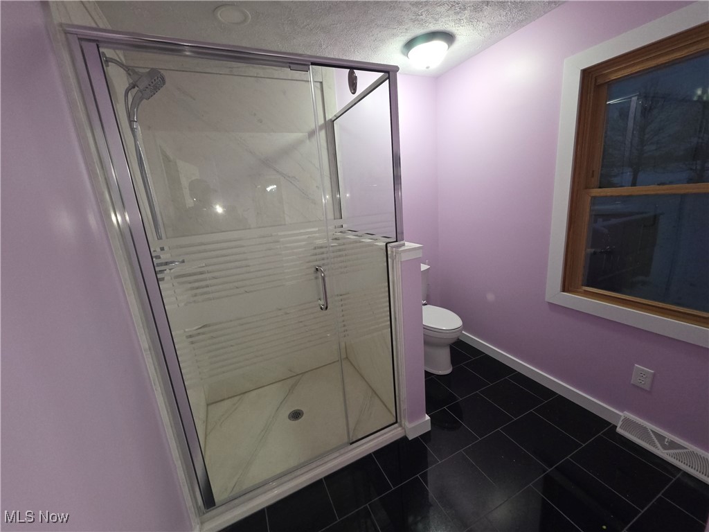 2291 Armstrong Road Wooster, OH 44691 - Photo 11 of 23 Newly updated master bathroom featuring a shower stall, a textured ceiling, and dark tile patterned flooring