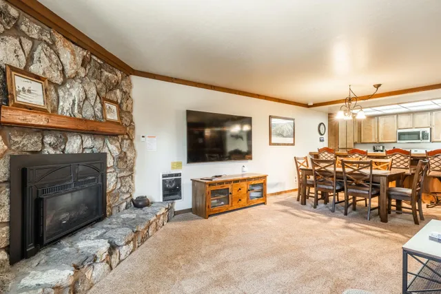 a living room with furniture a flat screen tv and a fireplace