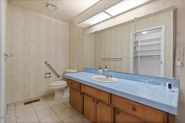 a bathroom with a sink a toilet and mirror