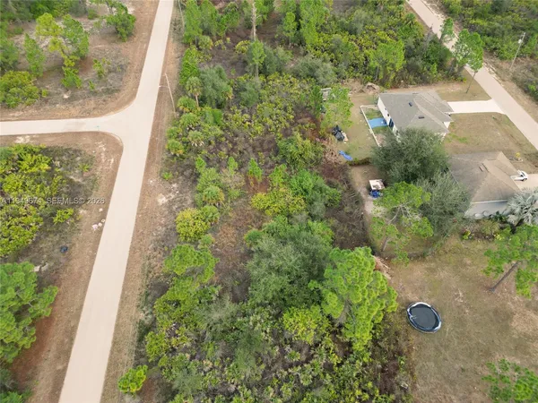 an aerial view of a house with a yard and large tree
