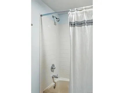 a bathroom with a shower and a toilet