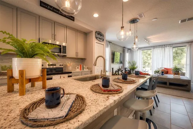 a kitchen with a sink and living room view