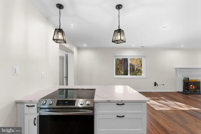 a living room with a fireplace windows and a rug