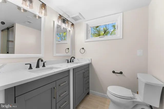 a bathroom with a toilet a sink a mirror and wooden floor