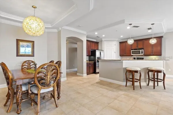 a view of a dining room with furniture