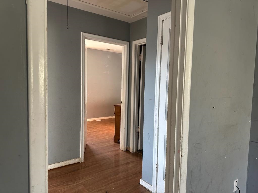 1715 Russwood Road Memphis, TN 38108 - Photo 4 of 14 Hallway featuring warm wood-finish flooring, soft gray walls, white trim detailing, and multiple white six-panel doors providing access to adjoining rooms