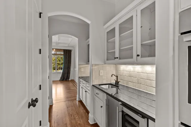 a view of a kitchen cabinets and a counter place