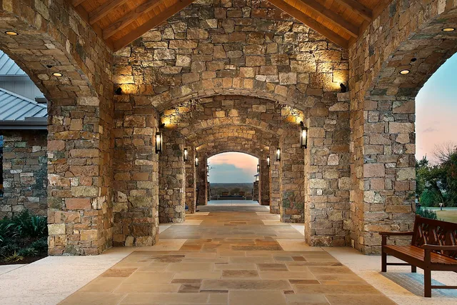 a view of a couch in front of building