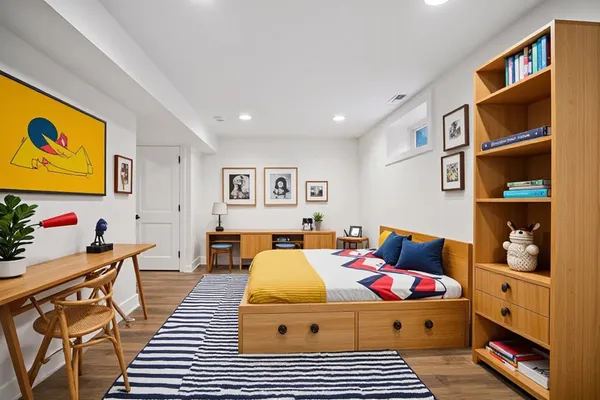 a bedroom with furniture and a book shelf