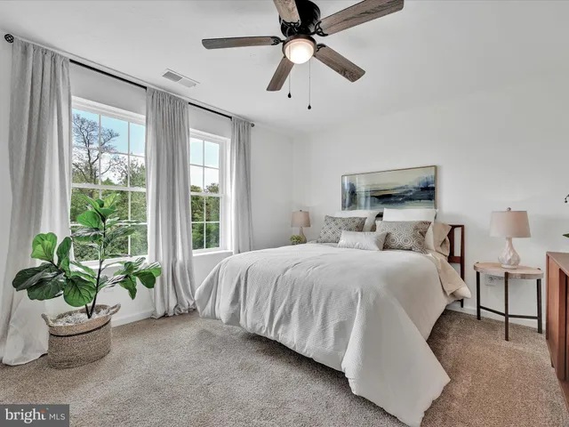 a bed room with a bed and a potted plant