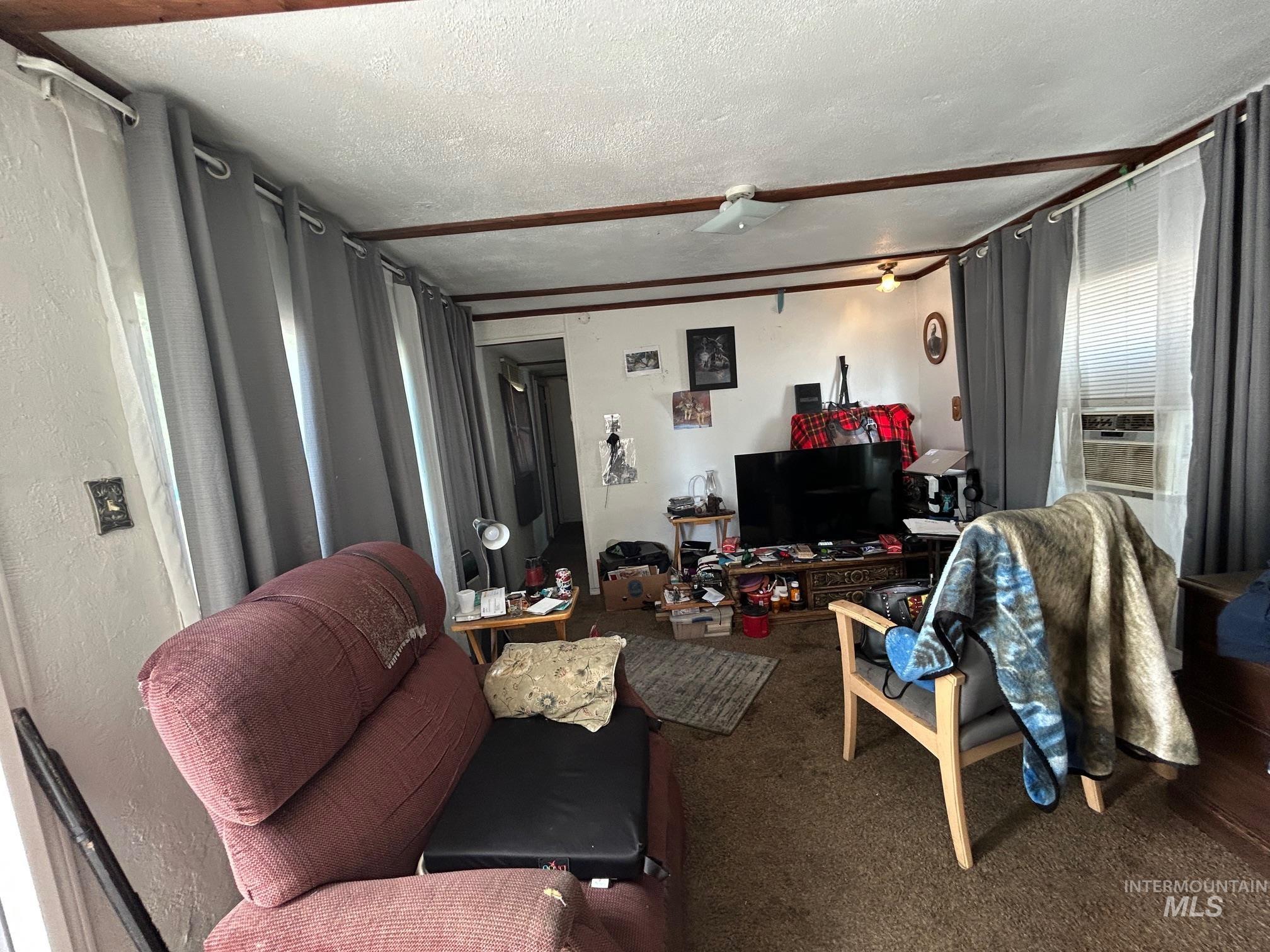 1383 Fair Street, Unit 7 Clarkston, WA 99403 - Photo 6 of 15 Living room featuring a textured ceiling, a textured wall, carpet floors, and cooling unit