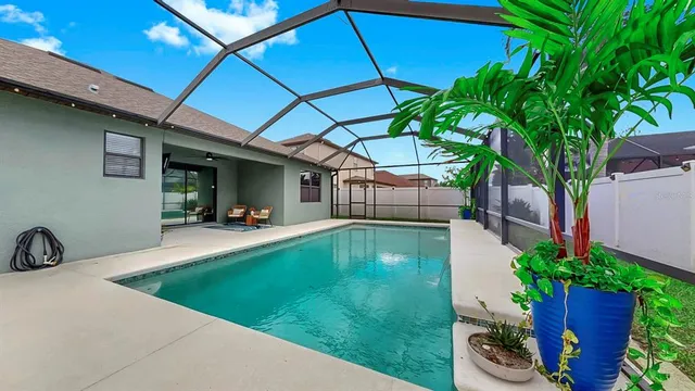 a swimming pool with outdoor seating and yard