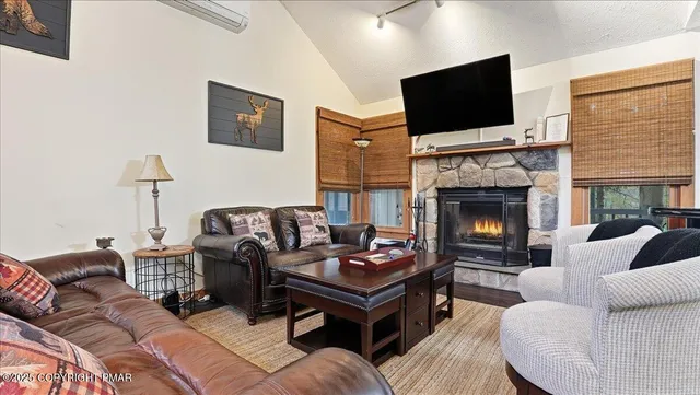 a living room with furniture a flat screen tv and a fireplace