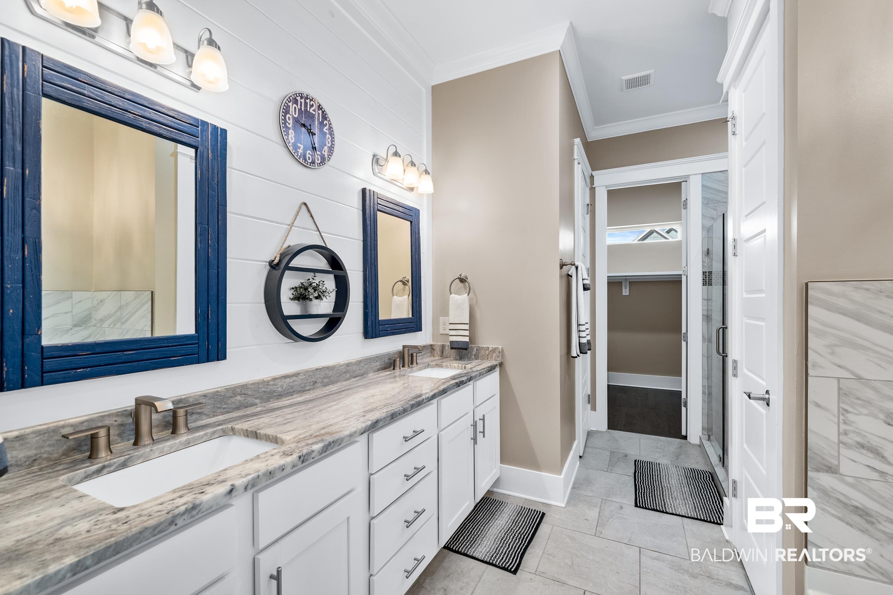 1018 Snapdragon Lane Foley, AL 36535 - Photo 23 of 37 Bathroom featuring walk in shower, vanity, and ornamental molding