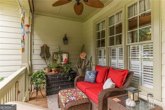 a building outdoor space with patio furniture