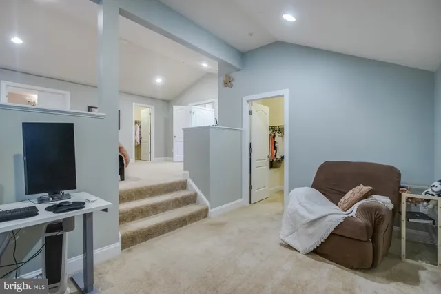 a room with a chair and potted plant