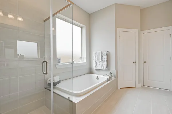 a bathroom with a bathtub and a shower