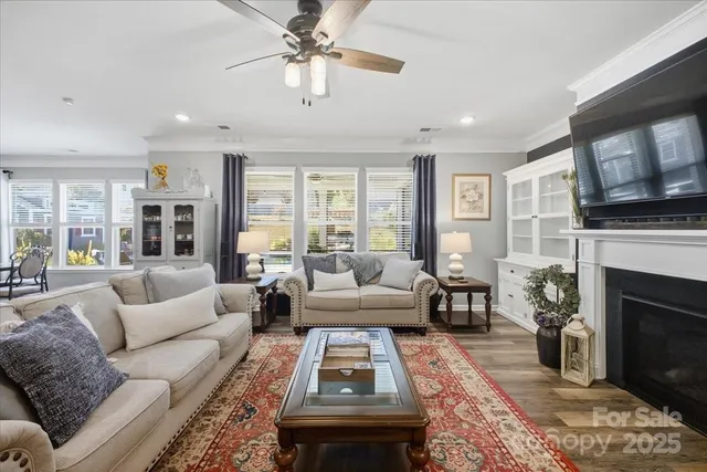 a living room with furniture ceiling fan and a rug