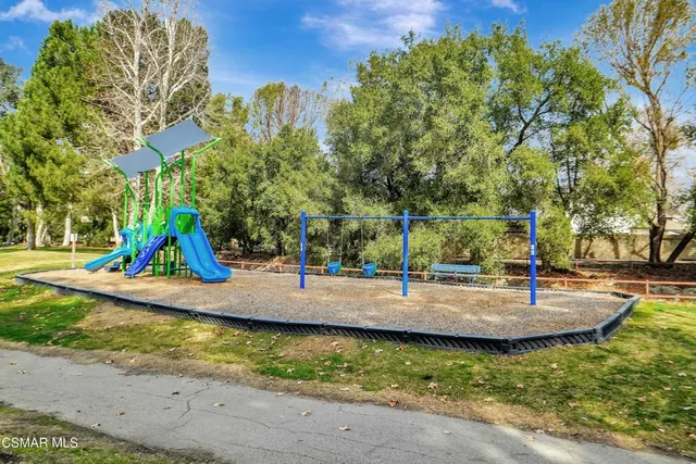 a view of a park with large trees