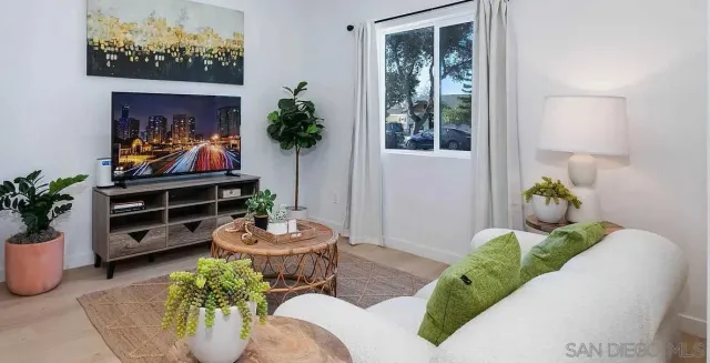 a living room filled with furniture and a potted plant