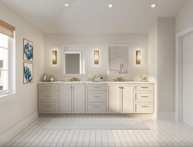 a spacious bathroom with a shower a sink and a mirror