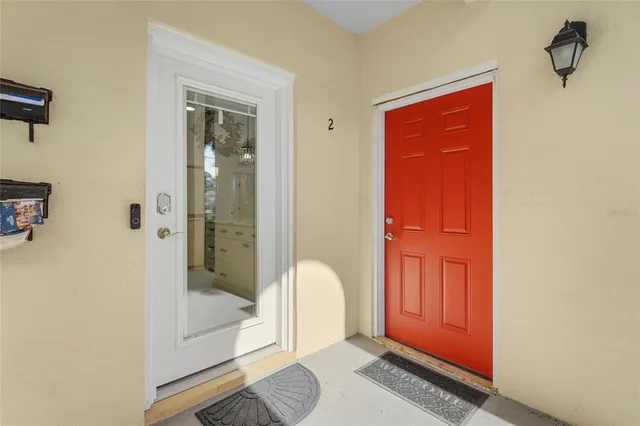 a view of front door with a bathroom