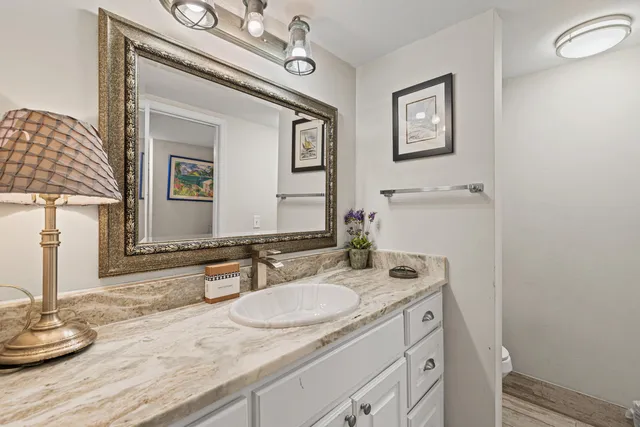 a bathroom with a granite countertop sink and a mirror