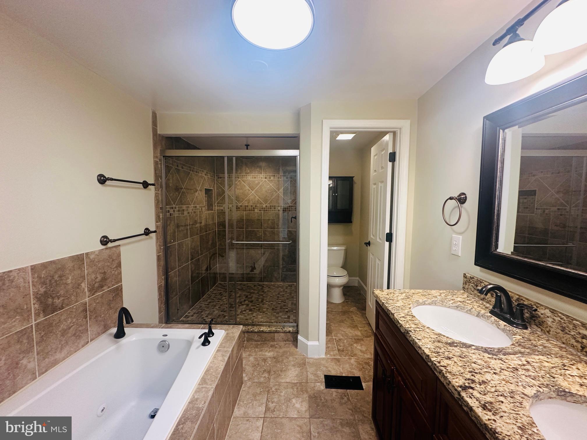 102 Hayloft Circle Sterling, VA 20164 - Photo 25 of 39 a bathroom with a granite countertop sink a mirror and shower