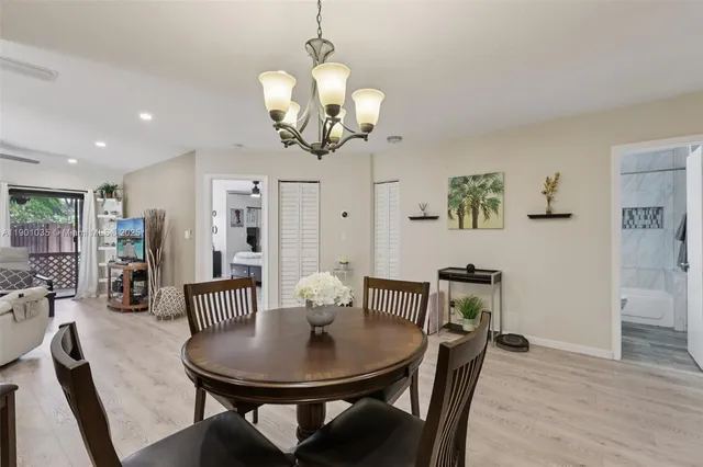 a view of a dining room with furniture wooden floor and chandelier