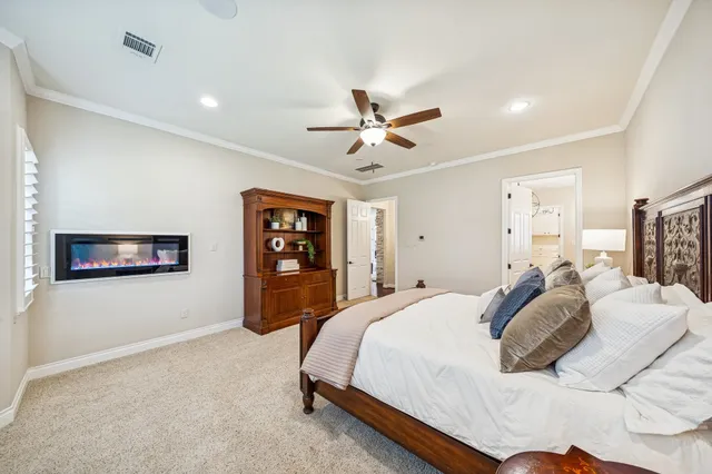 a bed room with a bed and a ceiling fan