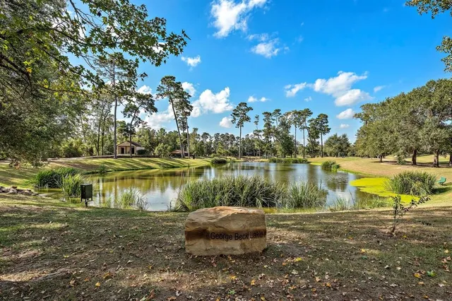 a view of a lake in between two chairs