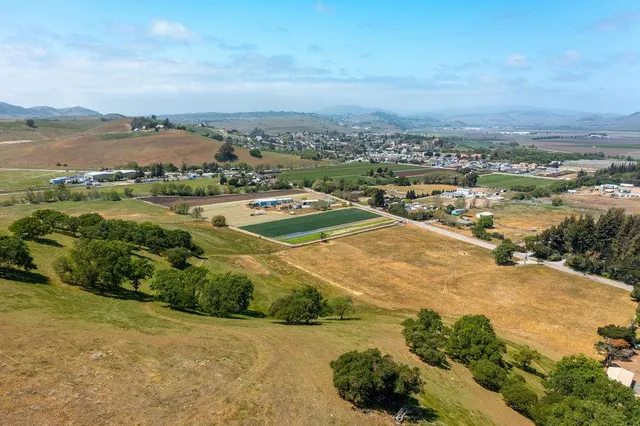 an aerial view of residential houses with outdoor space and trees