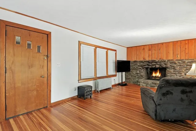 a view of living room with furniture and a fireplace