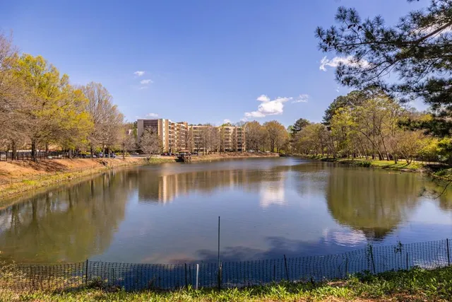 a view of a lake with a yard