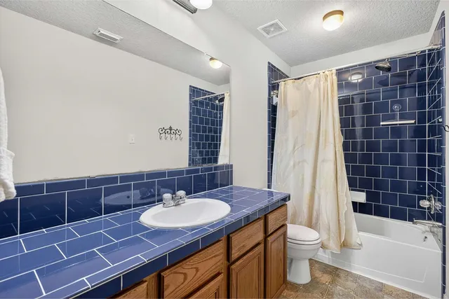 a bathroom with a sink a toilet a mirror and bathtub