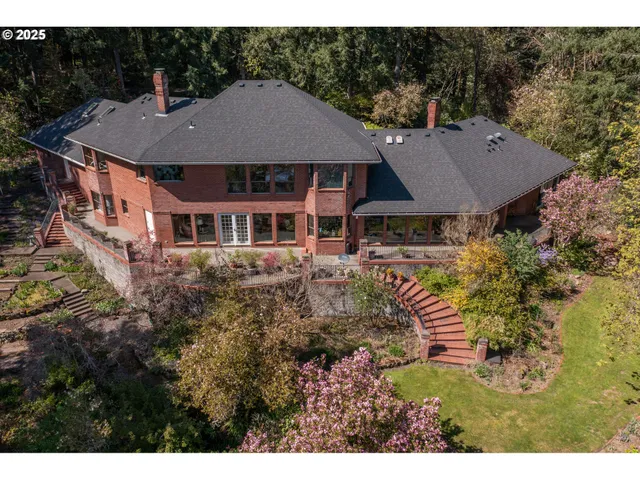 a aerial view of a house with a yard and potted plants