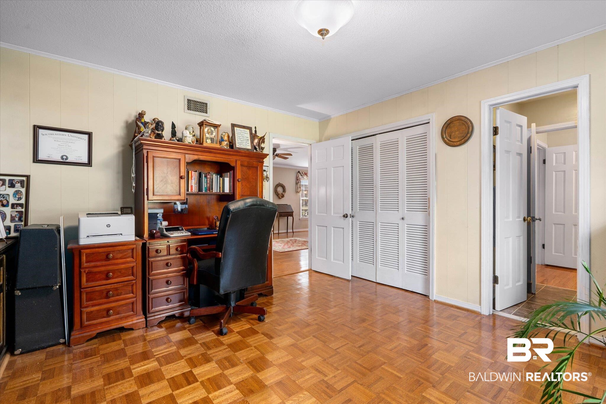 559 East Cumberland Road Mobile, AL 36608 - Photo 19 of 48 Office with parquet floors, crown molding, and a textured ceiling