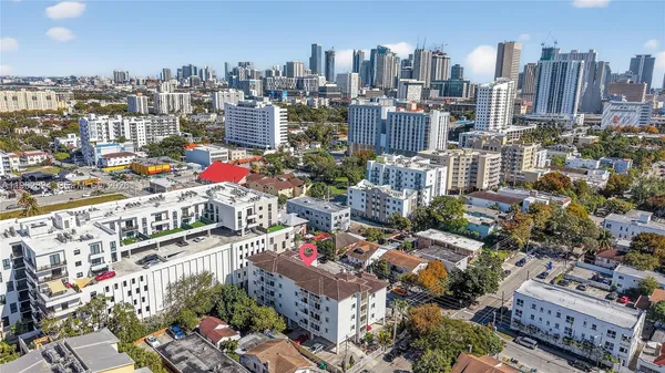 a city view with tall buildings